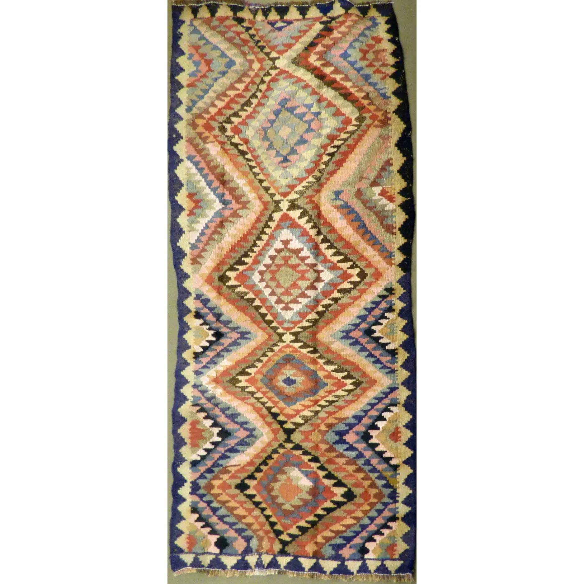 One Of The Kind Authentic Hand-Knotted Sanandaj Vintage Kilim 11'9" X 4'1"